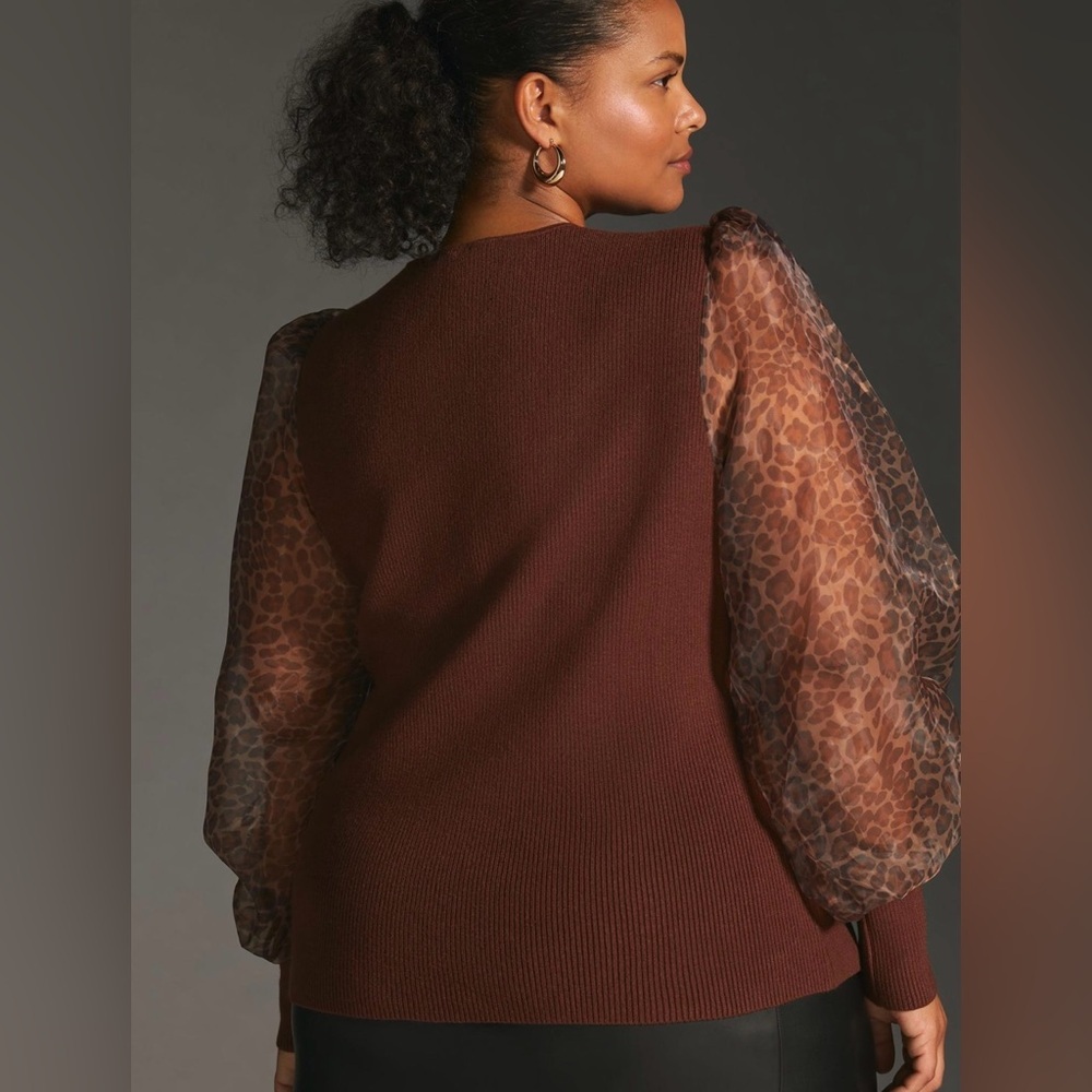 Anthropologie  Dolan Sheer Animal Print Puff-Sleeve Brown Sweater Size 3X - Picture 4 of 11